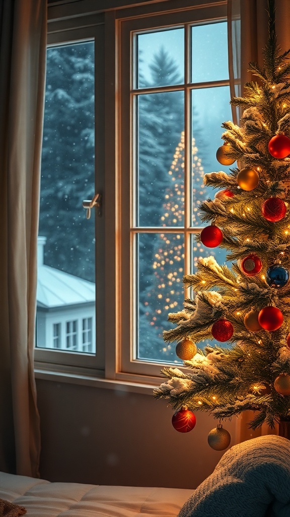 A cozy Christmas scene with a decorated tree and snow falling outside a warmly lit window.